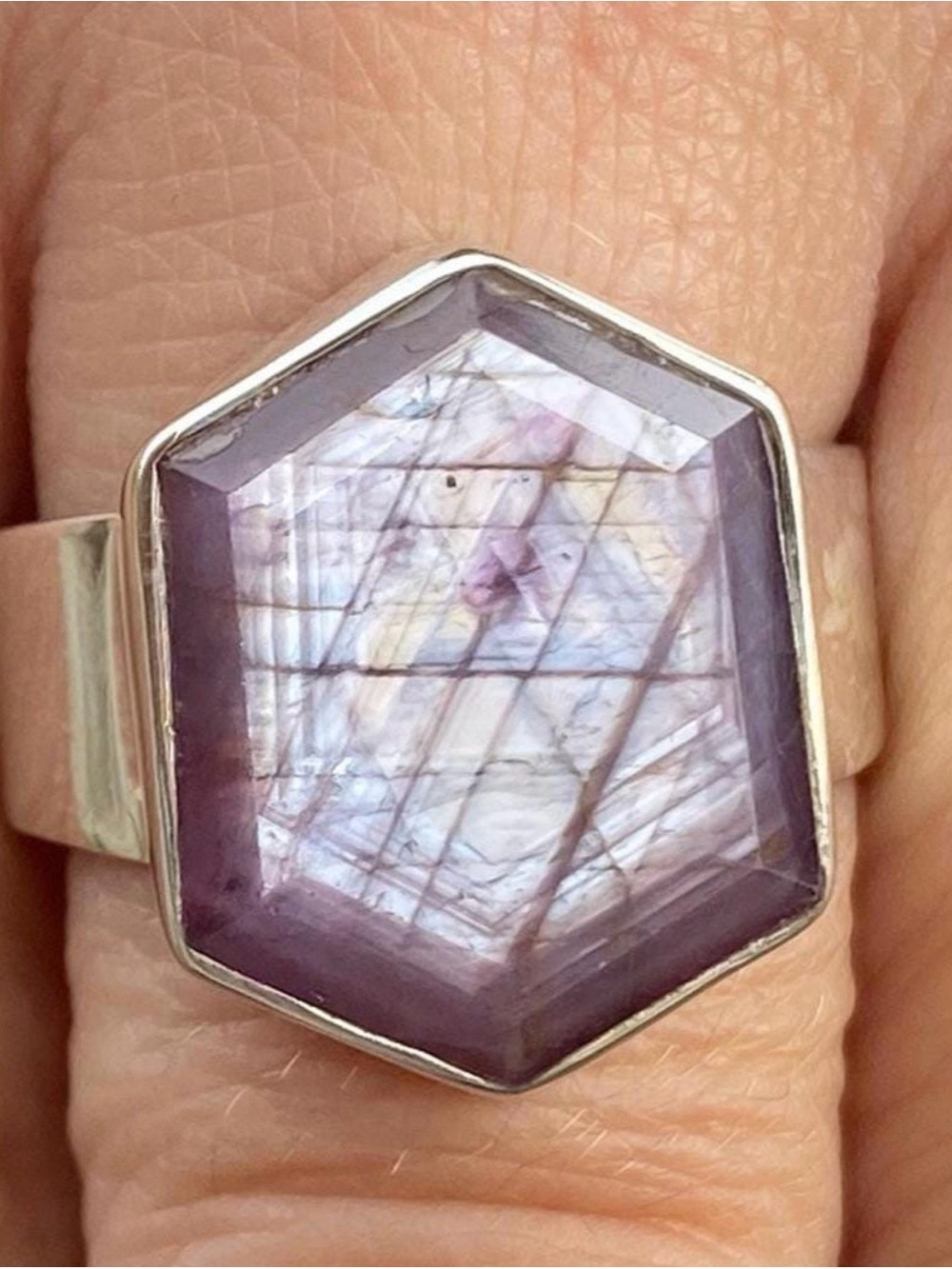 Hexagon Purple Ruby Sheen Stone Ring 925 Sz 8.75 14x17mm